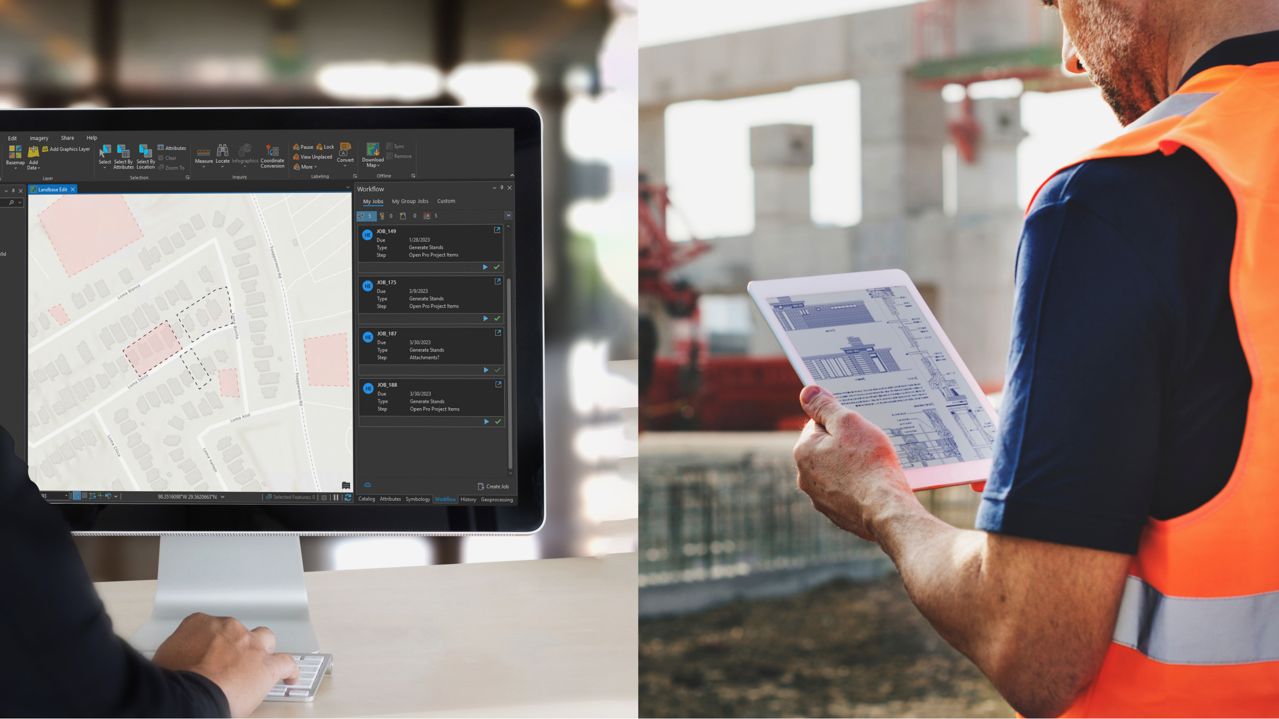 A side-by-side image of a person working on a parcel map on a desktop and a construction worker in an orange vest on a tablet