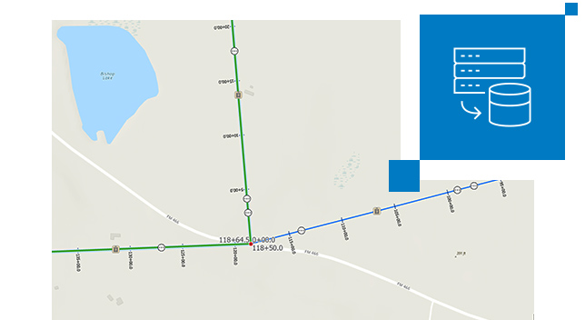 Map showing green and blue lines representing a location where pipeline routes converge with a geodatabase can icon