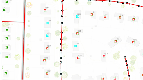 Computer monitor showing streets and buildings as line and polygon features 