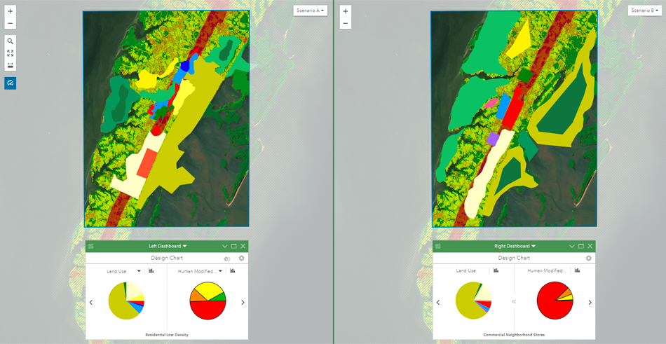 Pie graphs and side-by-side digital maps in ArcGIS GeoPlanner representing multiple design proposals 