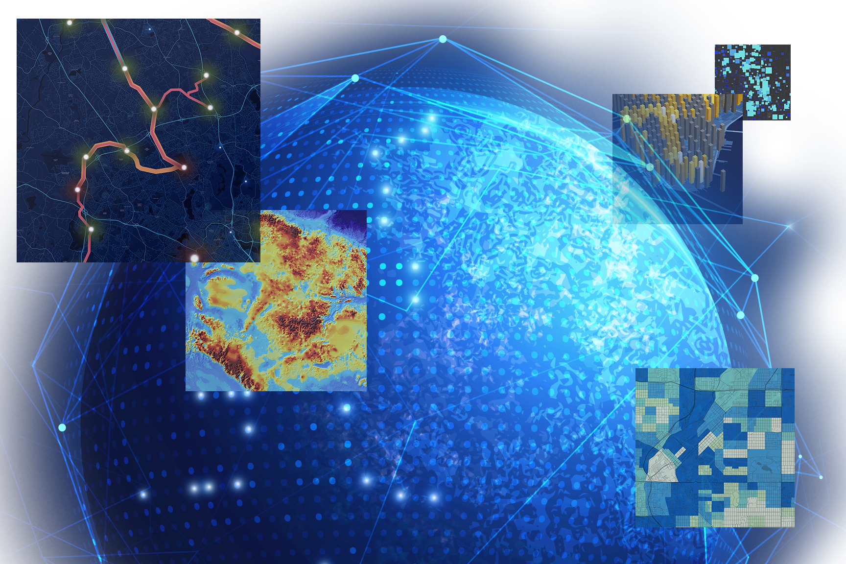 An illustration of a blue globe with interconnected dots and lines next to an inset image of a world map 
