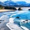 Several large mountain peaks and a blue ocean with waves crashing near the shore