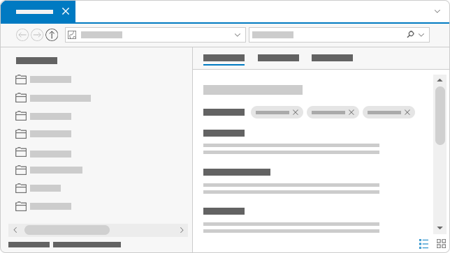 A screenshot showing small folders on the left and gray search result boxes on the right representing ta user interface 