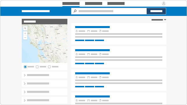 A small world map on the left side next to four white boxes of text representing the Search Catalog user interface 
