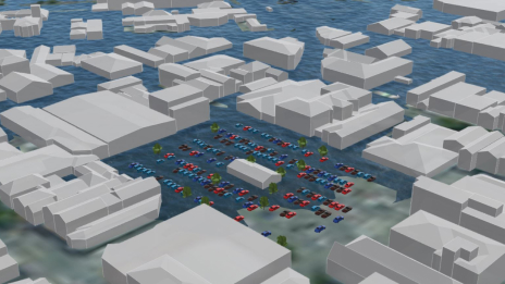 A 3D rendering of sea level rise over time, with Nelson partially under water in future projections