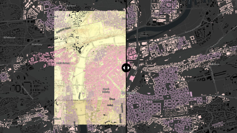 A side-by-side interactive slider of Prague showing city growth over time  