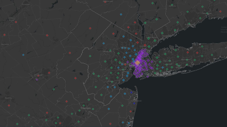 A dot density map displaying different modes of transportation across New York City 