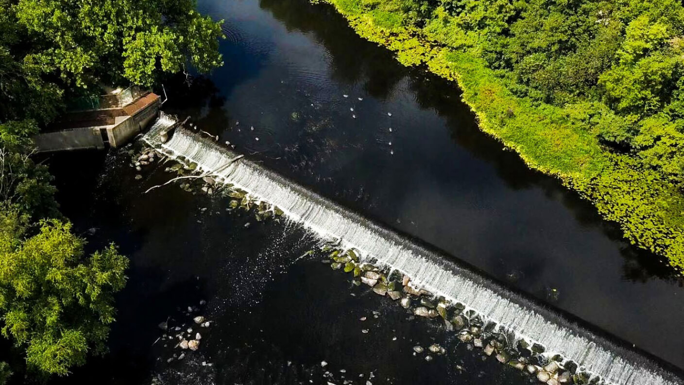 An aerial view of a river and boat surrounded by green trees