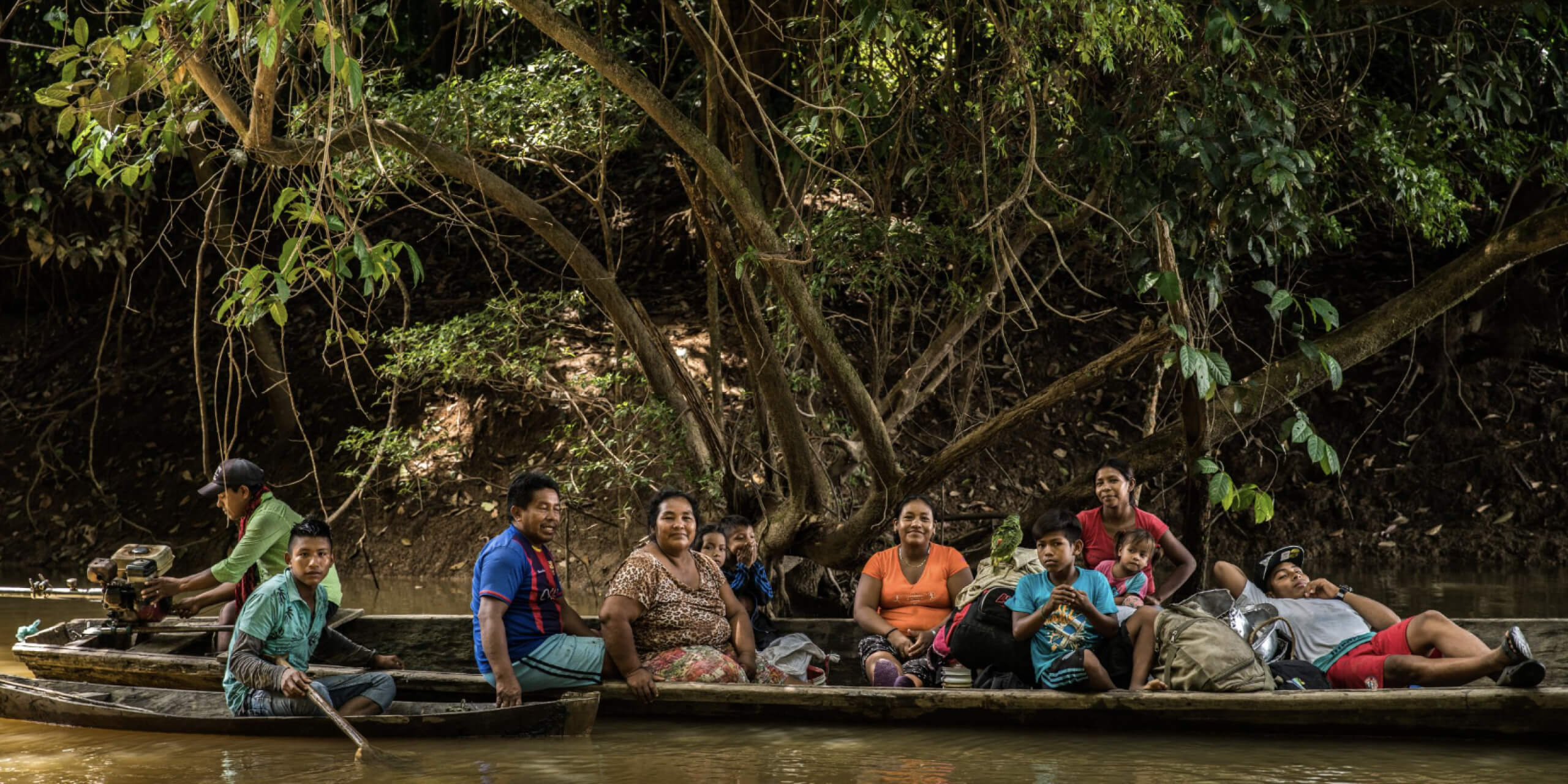 A group of people sitting in a long canoe on a river with a large green tree in the background 
