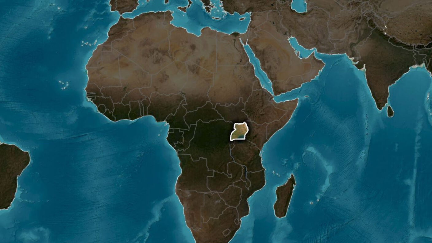 A digital image of earth with land colored in brown and oceans covered in blue