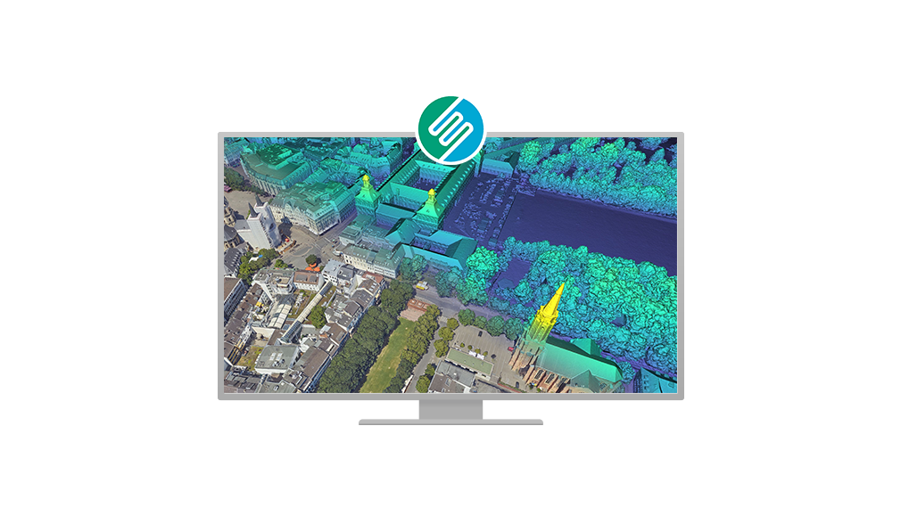 Computer monitor displaying a multicolored 3D city image next to six icons representing different types of input files 