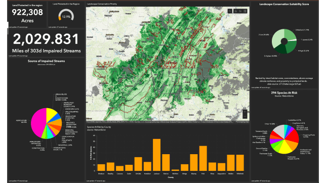 Dashboard with map at the center and pie and bar charts around it