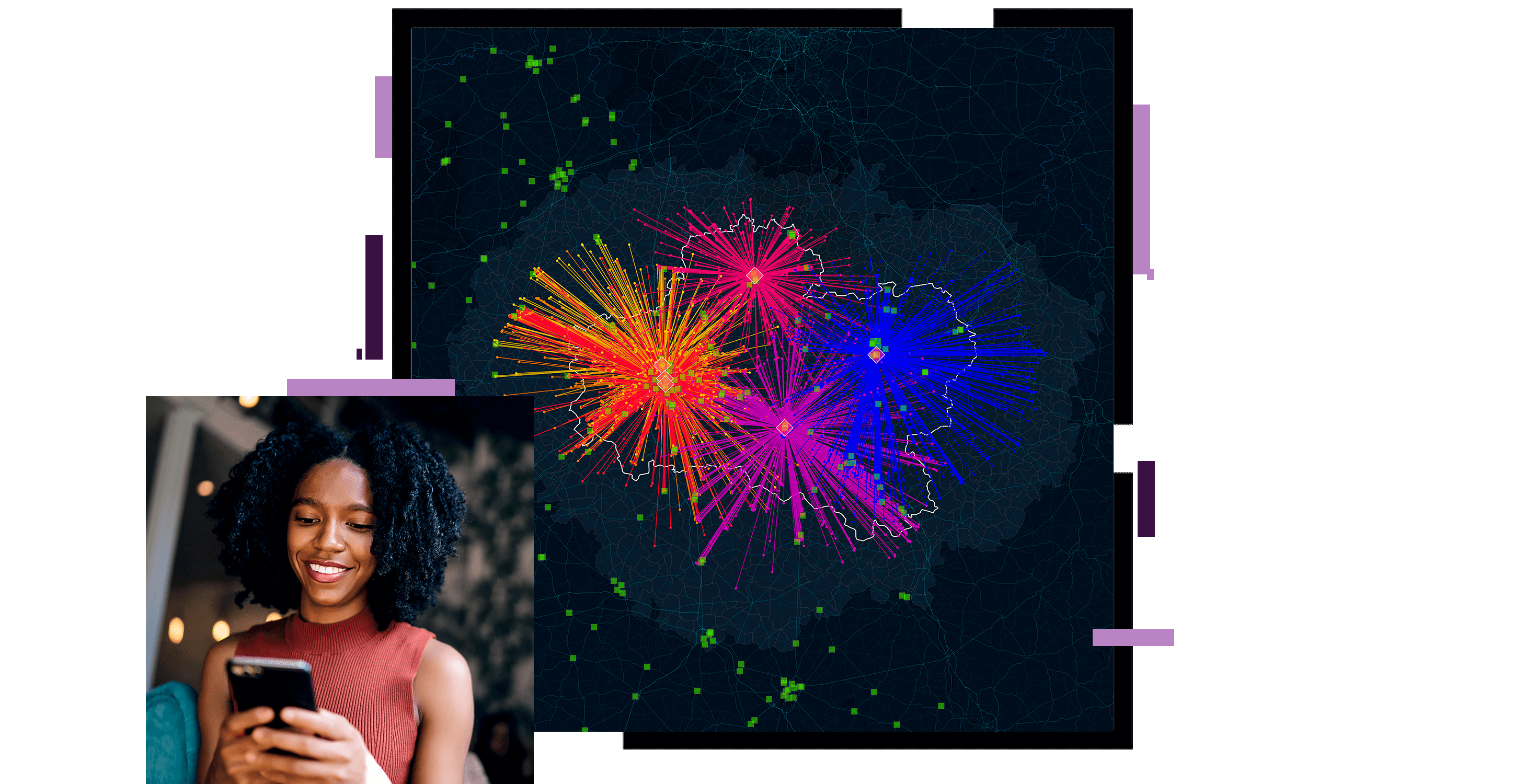 A map in vivid pinks and blues on a black background, overlaid with a photo of a person smiling as they text on their cell phone