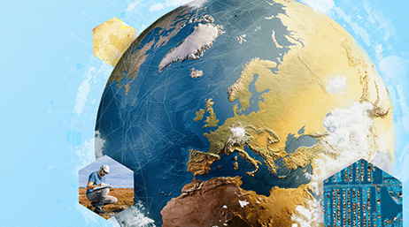 A graphic of Earth from space, a hexagon with a fieldworker bent down in a field, and a hexagon with a map