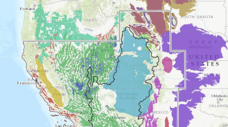 A map of the western United States with colors indicating water-column sonar data