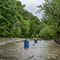 A parking lot entirely submerged in brown floodwater beside a tree-lined public park