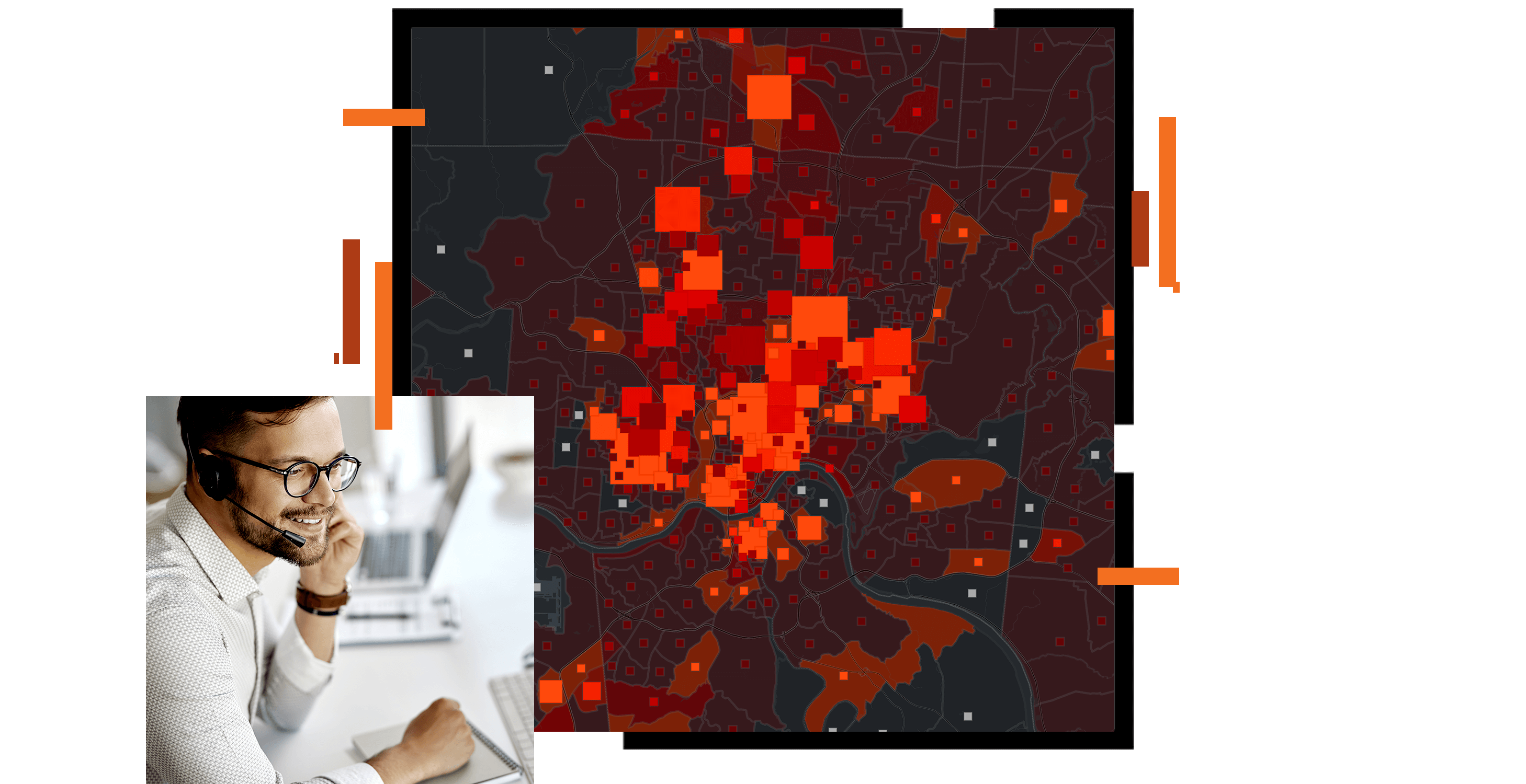 A concentration map in red and orange, overlaid with a photo of an IT professional speaking on a headset in an office setting