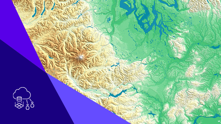 A relief map overlayed with an illustration of cloud-based technologies