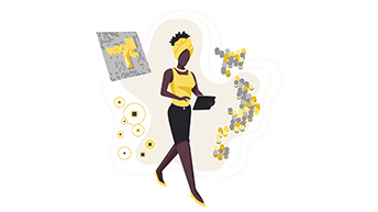 An illustrated person walking and using a tablet surrounded by data visualizations