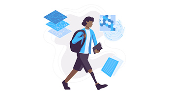 An illustrated person walking with a backpack and book surrounded by maps and map layers