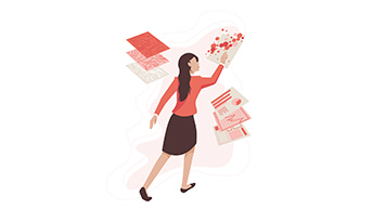 An illustrated person walking surrounded by maps and map layers