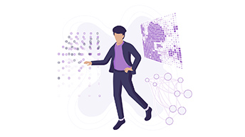 An illustrated person walking surrounded by maps and data visualizations