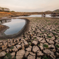 A dry, cracked lakebed with low levels of water and abandoned wooden docks and floatation devices in the distance