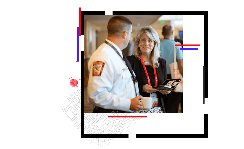 Two overlapping photos, each of uniformed attendees conversing in a conference setting