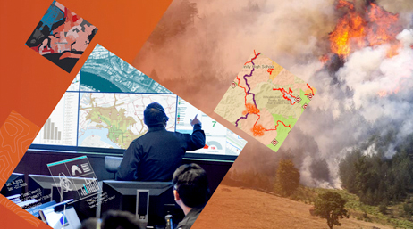 A composite image with a photo of a wildfire blaze with billowing white smoke, a photo of a command center, and several colorful maps