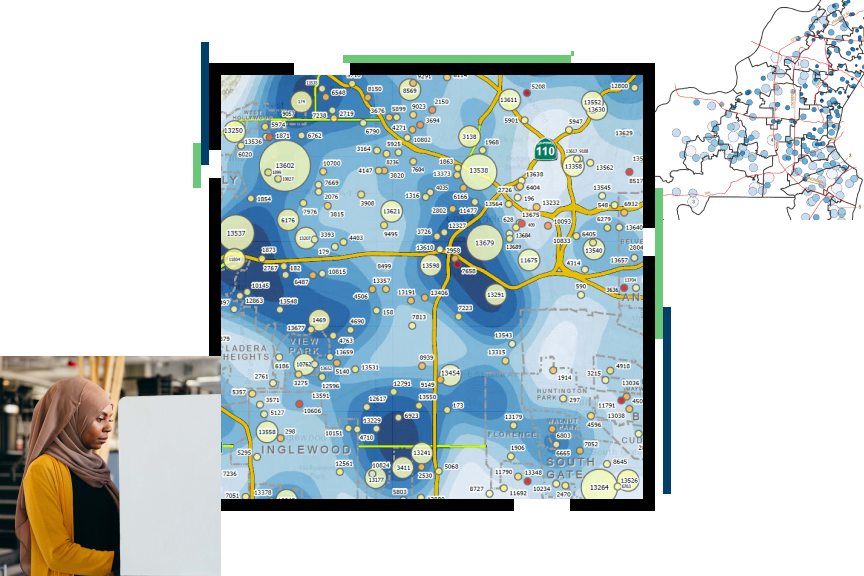 A concentration map with pale yellow points on a blue and white map, overlaid with a smaller country map in blue and white and a photo of a person wearing yellow and black standing at an indoor voting booth