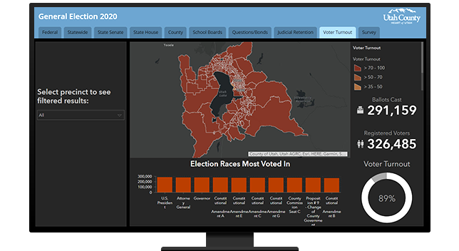 A graphic of a computer monitor displaying a map dashboard with a precinct map in orange on gray and several statistics and graphs in white characters on a black background
