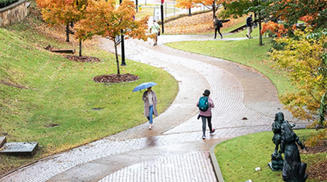 A long curving paved path scattered with pedestrians, winding through a green park dotted with autumnal trees