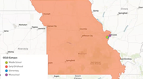 A map with Missouri highlighted in transparent orange with green and purple dots placed near St. Louis overlaid with a play button