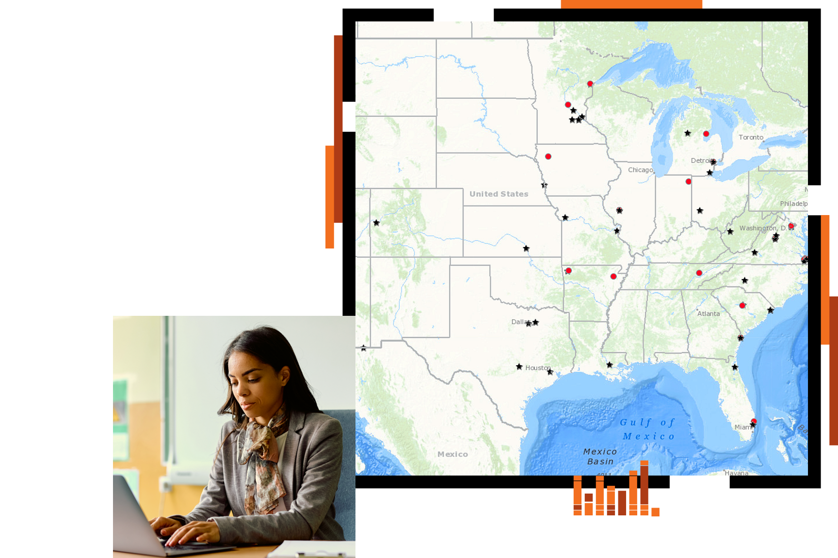 A person at a desk typing on a laptop, and the Esri K-12 Video Challenge map