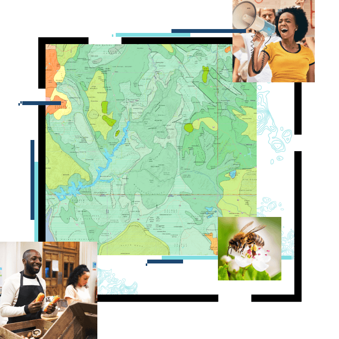 Green map, woman with a megaphone, person handing out drinks, a bee