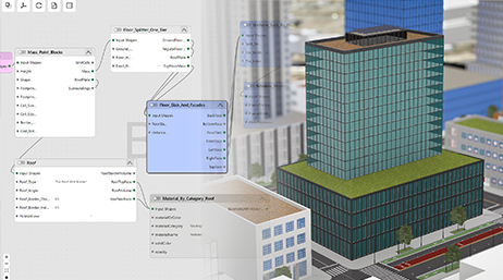 A split screen image with a colorful 3D model of a grouping of skyscrapers on the right and sets of connected information in lists on the left