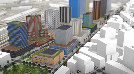 A 3D image of a city street corner in shades of brown and gray with skyscrapers in each direction