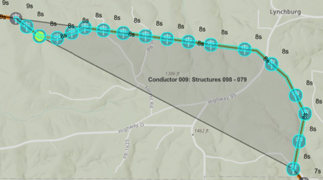 A map of Lynchburg, VA with blue dots that represent BIM data