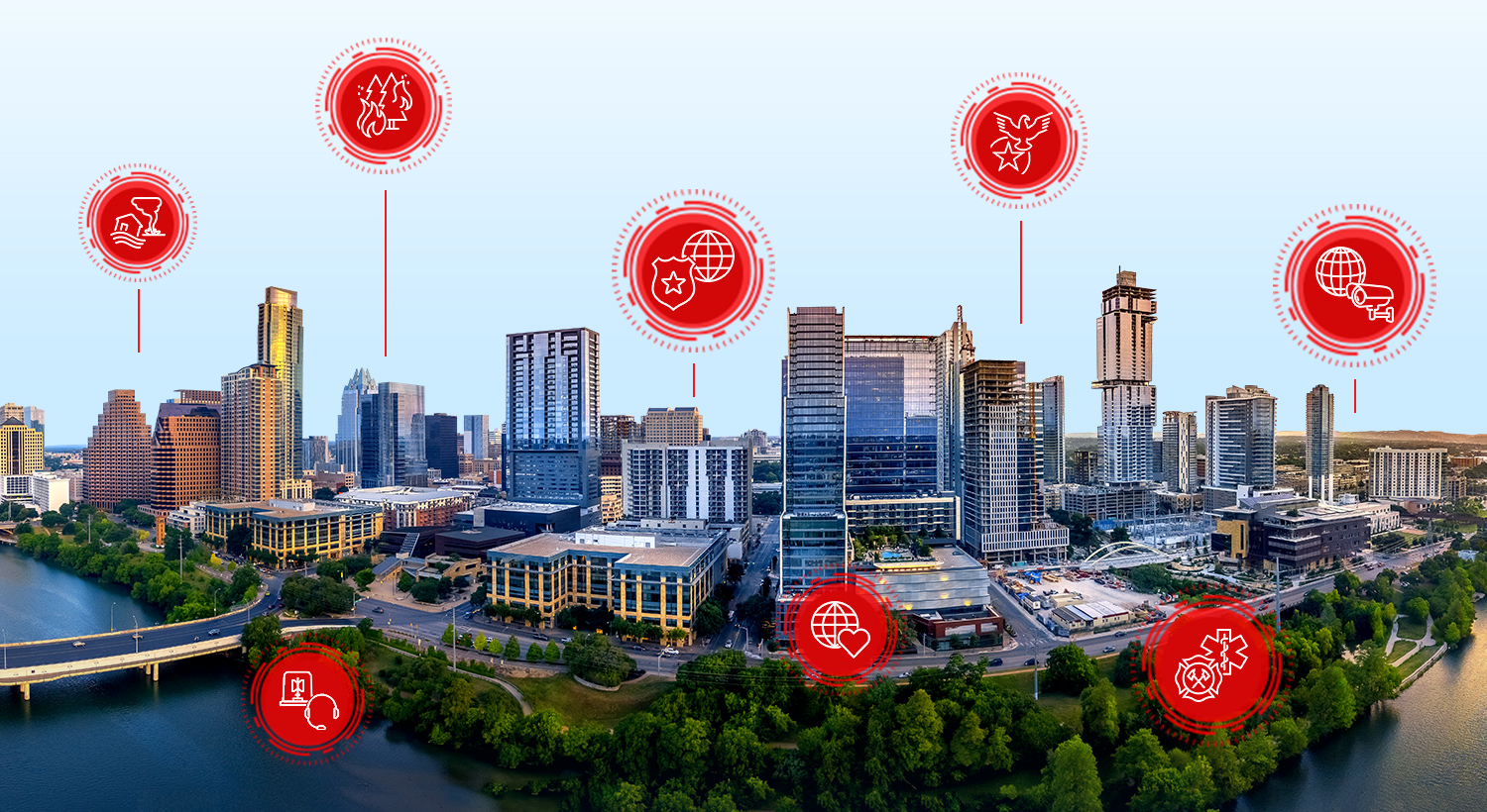 A panoramic view of a city built on a waterfront and red public safety icons indicating fire, tornados, police, healthcare, and more, hovering over the city