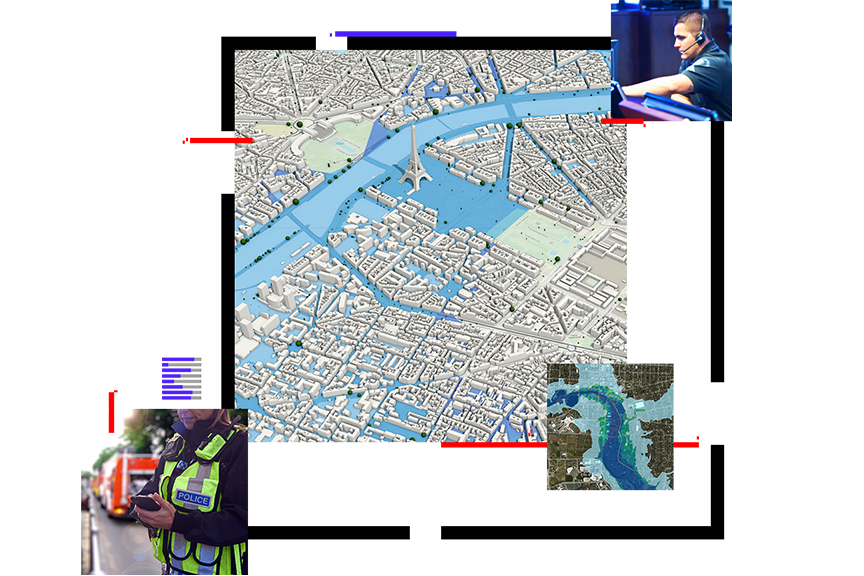 A large 3D rendering map of Paris, France in the center and smaller images around it of a police officer, an emergency dispatcher with a headset, and a map