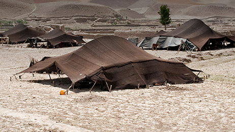 Four brown tents in an outdoor area