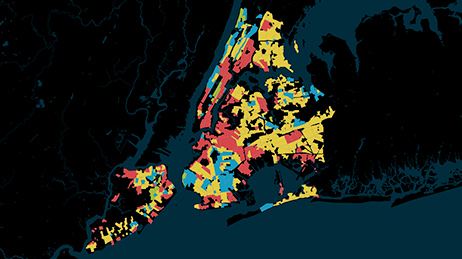 Dark colored digital map with regions highlighted in red, yellow, and blue